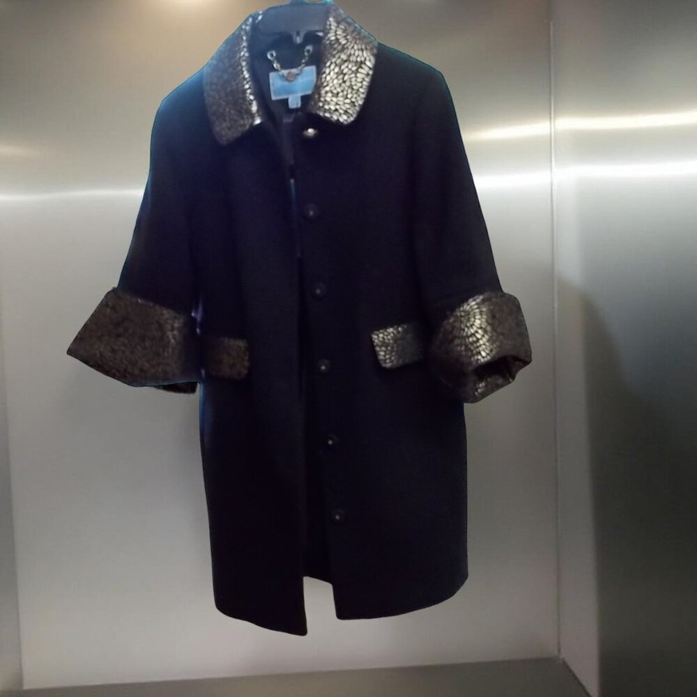 Draper James Aubrey Peplum Sleeve Coat Black Gold Metallic Trim Size 6 NWT